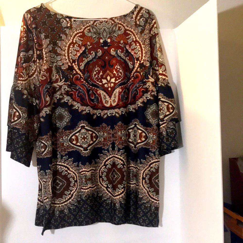 AGB long sleeve top  size large brown black layered floral top boho floral